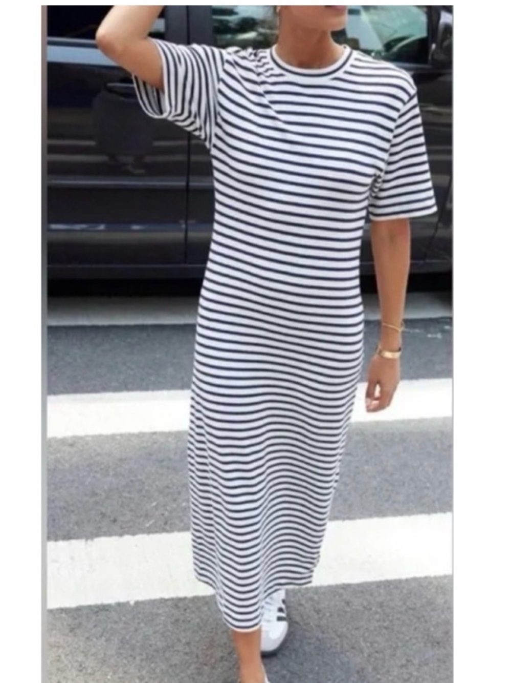AYR Navy White Striped Midi T-Shirt Dress Large- fits like MED- 100% Cotton